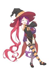 absurdres closed_eyes covered_navel creature detached_sleeves dress female flat_chest flower full_body hat highres horizontal-striped_thighhighs long_hair mary_janes misaki_(halloween)_(princess_connect!) misaki_(princess_connect!) multicolored_hair open_mouth princess_connect! purple_hair red_hair ribbonsnek rose shoes side_slit smile solo transparent_background twintails two-tone_hair very_long_hair witch witch_hat 