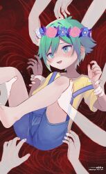  1boy absurdres barefoot basil_(headspace)_(omori) basil_(omori) bilingual_commentary blue_overalls chinese_commentary commentary english_commentary flower green_eyes green_hair hair_flower hair_ornament highres male_focus mixed-language_commentary omori omurice_(roza4957) open_mouth overalls shirt short_hair short_sleeves solo_focus toes variant_set yellow_shirt 
