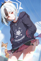  absurdres black_hair black_hoodie blue_archive closed_mouth demon_girl demon_horns demon_wings feline female hair_between_eyes hands_in_pockets highres hood hoodie horns kayoko_(blue_archive) long_hair matutake_777 plaid_clothes plaid_skirt ponytail red_eyes red_shirt red_skirt shirt sidelocks single_wing skirt smile solo white_hair wings 