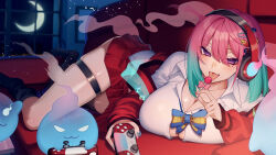 :3 aqua_hair aqua_nails asymmetrical_legwear badge black_socks black_thighhighs blue_bow blue_bowtie blush bow bowtie breasts button_gap candy cleavage cluseller collarbone collared_shirt commission controller crescent_moon eyelashes female fingernails food game_controller ghost ghost_tail gradient_hair gradient_nails gyaru hair_between_eyes hair_ornament hairclip headphones highres holding holding_candy holding_controller holding_food holding_game_controller holding_lollipop huge_breasts indoors jacket licking lollipop long_sleeves looking_at_viewer lumilive lying medium_hair mole mole_under_eye moon multicolored_hair multicolored_nails nail_polish night oerba_yun_fang on_side open_clothes open_jacket open_mouth pink_bow pink_eyes pink_hair pink_nails pleated_skirt red_jacket red_skirt reiyu_guigui shirt single_thighhigh skeb_commission skindentation skirt sleeves_past_wrists smile socks striped_bow striped_bowtie striped_clothes thigh_strap thighhighs thighs tongue tongue_out two-tone_bow two-tone_bowtie two-tone_hair two-tone_nails v-shaped_eyes virtual_youtuber white_shirt window yellow_bow yellow_bowtie 