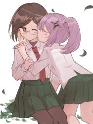  2girls black_pantyhose blush brown_eyes brown_hair closed_eyes closed_mouth collared_shirt commentary falling_leaves glasses green_skirt hand_on_another&#039;s_shoulder hashtag-only_commentary highres koga_konoha kusagakure_satoko leaf licking licking_another&#039;s_face multiple_girls necktie ninja_to_koroshiya_no_futarigurashi one_eye_closed pantyhose pleated_skirt ponytail purple_hair red_necktie saliva shirt shuriken_hair_ornament simple_background sitting skirt stringtheoryszn white_background white_shirt yuri 