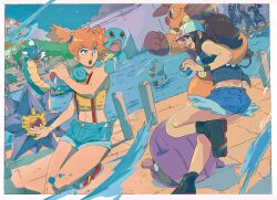  2girls abs asymmetrical_hair bare_arms bare_legs bare_shoulders baseball_cap blue_eyes breasts denim denim_shorts dewott eyelashes green_eyes gyarados hair_between_eyes hair_tie hat hilda_(pokemon) holding holding_poke_ball kasumi_(pokemon) legs long_hair looking_at_another medium_breasts michel_teru multiple_girls open_mouth orange_hair pignite poke_ball pokemon pokemon_(anime) pokemon_(classic_anime) pokemon_bw ponytail shellder shirt short_hair short_shorts shorts side_ponytail sideboob sleeveless sleeveless_shirt smile solo squirtle starmie suspenders tank_top thighs water white_hat yellow_shirt yellow_tank_top 
