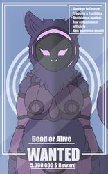  5:8 absurd_res anthro armor breasts darknetic english_text female fluffy fur hi_res long_tail lunaris_the_protogen machine mechanical_arm mechanical_limbs protogen purple_body purple_fur solo standing tail text visor wanted wanted_poster 