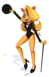  2020 4_fingers activision anthro bandicoot bare_legs bent_leg black_clothing black_footwear black_hat black_headwear black_high_heels black_panties black_shoes black_suit black_tie_(suit) black_underwear blonde_hair bow_tie breasts button_(fastener) clothing contact_onomatopoeia crash_(series) dance_shoes dancewear dancing dress_shirt emanata eyebrows female fingers footwear glistening glistening_clothing glistening_footwear glistening_high_heels hair hat headgear headwear high_heels holding_cane holding_clothing holding_hat holding_headgear holding_headwear holding_object impact_onomatopoeia looking_at_viewer magaska19 mammal marsupial onomatopoeia open_mouth open_smile panties red_bow_tie scut_tail shirt shoes short_tail signature slim smile smiling_at_viewer solo sound_effects suit tail tap_dancing tap_shoes tapping tapping_foot tawna_bandicoot text topwear underwear white_dress_shirt yellow_tail 