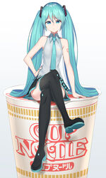  aqua_eyes aqua_hair bare_arms bare_shoulders bib_(bibboss39) black_footwear black_skirt boots closed_mouth collared_shirt commentary crossed_legs cup disposable_cup expressionless female gradient_background grey_shirt hand_on_own_hip hatsune_miku highres long_hair looking_at_viewer miniskirt nail_polish necktie nissin_cup_noodle noodle_stopper pleated_skirt shirt shoulder_tattoo sitting skirt sleeveless sleeveless_shirt solo tattoo thigh_boots thighhighs twintails very_long_hair vocaloid 