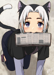  1boy all_fours animal_ears blue_eyes blush cat_boy cat_ears commentary_request highres kawara_bee looking_at_viewer male_focus mouth_hold multicolored_hair newspaper oginy solo tail two-tone_hair uchitama?! white_hair 