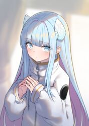  blue_eyes blue_hair blunt_bangs blurry blurry_background blush closed_mouth commentary_request depth_of_field drawstring female gen_(gen_7254) hair_intakes hair_ornament highres indie_virtual_youtuber jacket long_hair long_sleeves looking_at_viewer multicolored_hair puffy_long_sleeves puffy_sleeves purple_hair sleeves_past_wrists solo somunia steepled_fingers two-tone_hair upper_body very_long_hair virtual_youtuber white_jacket zipper_pull_tab 