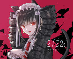  2022 black_background black_hair black_jacket black_nails celestia_ludenberg center_frills collared_shirt danganronpa:_trigger_happy_havoc danganronpa_(series) dated drill_hair female frills gothic_lolita headdress jacket lolita_fashion long_hair nail_polish necktie oerba_yun_fang portrait red_background red_eyes red_necktie shirt solo tongue twin_drills twintails z-epto_(chat-noir86) 