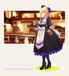  akino_sora animal_ears bar_(place) bar_stool black_dress black_footwear black_hat blonde_hair blue_necktie blush boots bottle breasts cat_ears cat_girl cat_tail closed_mouth commentary_request cross-laced_footwear cup dress female frilled_dress frills gloves gradient_necktie grey_background hair_between_eyes hair_ribbon hat high_heel_boots high_heels highres holding holding_tray juliet_sleeves lace-up_boots long_hair long_sleeves medium_breasts mini_hat mug necktie original ponytail puffy_sleeves red_eyes red_necktie ribbon shirt sidelocks smile solo standing stool tail tray white_gloves white_shirt 