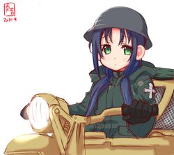  alternate_costume blue_hair chito_(shoujo_shuumatsu_ryokou) chito_(shoujo_shuumatsu_ryokou)_(cosplay) coat commentary_request cosplay female green_eyes ground_vehicle helmet highres kanon_(kurogane_knights) kantai_collection kettenkrad shoujo_shuumatsu_ryokou suzukaze_(kancolle) twintails white_background winter_clothes winter_coat 