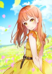  arms_behind_back bare_arms bare_shoulders blue_sky blush bon_(bonbon315) breasts brown_hair closed_mouth cloud commentary day dress female field flower flower_field from_side highres long_hair looking_at_viewer looking_to_the_side orange_dress orange_eyes original outdoors sky sleeveless sleeveless_dress small_breasts smile solo yellow_flower 