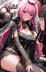  black_cape black_dress black_nails black_thighhighs blush breasts cape cleavage collar detached_sleeves dress english_commentary female highres hiroki_(hirokiart) holding hololive hololive_english jewelry large_breasts long_hair looking_at_viewer mori_calliope mori_calliope_(1st_costume) parted_lips petals pink_eyes pink_hair see-through see-through_sleeves sitting skull solo spiked_collar spikes teeth thighhighs tiara veil virtual_youtuber zettai_ryouiki 