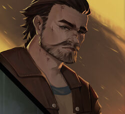  1boy arcane:_league_of_legends beard blood blood_on_face brown_shirt closed_mouth facial_hair hair_slicked_back highres jacket jangsunyo juju league_of_legends looking_at_viewer male_focus open_clothes open_jacket portrait red_jacket shirt short_hair solo vander_(arcane) 