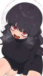  bags_under_eyes black_dress black_hair blush breasts breath dress eyes_visible_through_hair female heart highres large_breasts looking_at_viewer looking_up nakta open_mouth original red_eyes simple_background solo sweat sweatdrop turtleneck white_background you&#039;re_under_my_skin! 