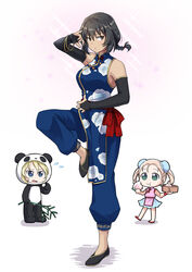  3girls :t alternate_costume andou_(girls_und_panzer) animal_costume arm_up bamboo bamboo_steamer baozi bare_shoulders black_eyes black_footwear black_gloves black_hair blonde_hair blue_dress blue_eyes blue_pants bracelet braid branch bridal_gauntlets bun_cover chibi china_dress chinese_clothes commentary dark-skinned_female dark_skin double_bun dress eating elbow_gloves fighting_stance flats floral_print flying_sweatdrops food fruit full_body girls_und_panzer girls_und_panzer_senshadou_daisakusen! gloves green_eyes hair_bun high_collar jewelry katakori_sugita leg_up longevity_peach_bun looking_at_viewer marie_(girls_und_panzer) martial_arts medium_dress medium_hair messy_hair multiple_girls no_socks oshida_(girls_und_panzer) panda_costume pants pants_under_dress parted_lips peach pelvic_curtain pink_dress print_dress red_footwear red_sash sash shadow short_braid simple_background single_braid sleeveless sleeveless_dress sparkle standing standing_on_one_leg white_background 