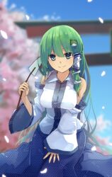  aqua_eyes blue_eyes blue_skirt blurry blurry_background breasts bright_pupils closed_mouth collared_shirt day depth_of_field detached_sleeves feet_out_of_frame female frog_hair_ornament futatsuki_eru gohei green_hair hair_ornament hair_tubes highres holding kochiya_sanae large_breasts long_skirt long_sleeves looking_at_viewer outdoors petals polka_dot polka_dot_skirt shirt single_sleeve skirt smile snake_hair_ornament solo spring_(season) standing torii touhou tree unmoving_pattern white_shirt wide_sleeves 