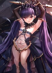  armpits arms_up azur_lane bound bound_wrists breasts center_opening commentary_request crown dress elbow_gloves felix_schultz_(azur_lane) female gloves gold_footwear hair_between_eyes highres long_hair manda_(manda9n) navel presenting purple_hair red_eyes revealing_clothes sandals showgirl_skirt sleeveless sleeveless_dress small_breasts smile solo standing stomach twintails very_long_hair 