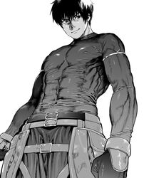  1boy arash_(fate) belt closed_mouth commentary_request covered_abs covered_navel fate/grand_order fate_(series) from_below gloves greyscale kimidake large_pectorals male_focus monochrome muscular muscular_male pectorals shiny_clothes shirt short_hair skin_tight smile standing tight_clothes tight_shirt 