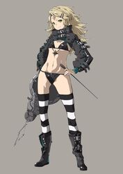  black_footwear blonde_hair commentary_request female green_eyes grey_background hair_ornament hairclip highres long_hair midriff navel original scar simple_background solo striped_clothes striped_thighhighs thighhighs yoshimaro 