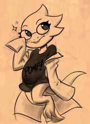  alphys anthro blush clothed clothing coat eyewear female glasses heart_font heart_symbol lab_coat lizard looking_aside overbite pomf reptile scalie shirt simple_background solo soulcentinel sparkles spot_color tan_background text text_on_clothing text_on_shirt text_on_topwear topwear undertale undertale_(series) young young_anthro young_female 