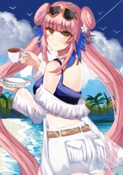  arknights ass bare_shoulders blue_sealad blue_sky breasts ceylon_(arknights) ceylon_(holiday)_(arknights) cloud commentary cowboy_shot cup day double_bun eyewear_on_head female hair_bun highres holding holding_cup long_hair looking_at_viewer medium_breasts ocean off_shoulder official_alternate_costume pink_hair short_shorts shorts sky smile solo standing sunglasses very_long_hair water white_shorts yellow_eyes 