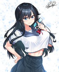  absurdres black_hair black_skirt blue_eyes bow bowtie breasts collarbone commentary commission crop_top crop_top_overhang female glasses grin hair_ornament hairclip hand_on_own_hip hand_up highres holding holding_removed_eyewear large_breasts long_hair looking_at_viewer midriff nez-box ore_wo_suki_nano_wa_omae_dake_ka_yo pleated_skirt sailor_collar sanshokuin_sumireko school_uniform short_sleeves skirt smile solo unworn_eyewear upper_body white_background 