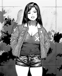  breasts cleavage clenched_teeth cowboy_shot female greyscale hands_in_pockets idolmaster idolmaster_cinderella_girls jacket kimidake large_breasts long_sleeves looking_at_viewer monochrome mukai_takumi paint_splatter parted_bangs shorts solo standing teeth thighs 