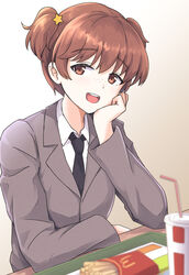  alisa_(girls_und_panzer) black_necktie blazer blurry blurry_foreground brown_background brown_eyes brown_hair cup depth_of_field disposable_cup dress_shirt drinking_straw elbow_rest fast_food female food freckles french_fries girls_und_panzer gradient_background grey_jacket hair_ornament head_rest jacket katakori_sugita long_sleeves looking_at_viewer mcdonald&#039;s necktie open_mouth saunders_school_uniform school_uniform shirt short_hair short_twintails smile solo star_(symbol) star_hair_ornament twintails white_shirt wing_collar 