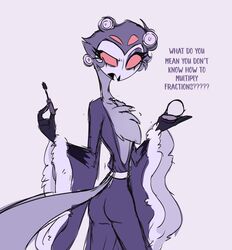  anthro ass avian bird clothing dialogue hair hair_curlers helluva_boss hi_res looking_at_viewer looking_back makeup male owl owl_demon purple_clothing purple_robe purple_text red_eyes robe short_hair simple_background solo standing stolas_(helluva_boss) teathekook text white_background white_face 