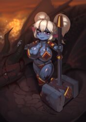  after_battle armor bikini bikini_armor bikupan blonde_hair blood blood_on_weapon blue_lips blue_skin breasts cleavage colored_skin commentary commission dragon english_commentary female full_body greaves huge_weapon large_breasts league_of_legends looking_at_viewer pink_eyes planted pointy_ears poppy_(league_of_legends) red_bikini shortstack shoulder_armor smirk solo standing sweat swimsuit thick_thighs thighs twintails underboob war_hammer weapon yordle 