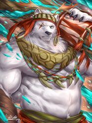  2020 anthro bear biceps clothed clothing crushfang_(sdorica_sunset) digital_media_(artwork) eye_scar facial_scar fur hi_res male mammal muscular muscular_anthro muscular_male polar_bear rabbity scar sdorica signature simple_background solo topless ursine white_body white_fur 