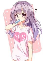  ? arm_at_side blush breasts collarbone commentary_request cowboy_shot eyelashes female food food_in_mouth grey_hair hair_between_eyes hair_down hand_up heart heart_print highres kinoshita_kaede long_hair looking_at_viewer out-of-frame_censoring pink_shirt popsicle popsicle_in_mouth red_eyes sesen2000 shirt short_sleeves small_breasts solo tenshi_souzou_re-boot! wavy_hair yes 