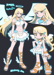  angel_wings bare_shoulders blonde_hair commentary cosplay crop_top female gold high_heels highres long_hair midriff miniskirt mythra_(xenoblade) nail_polish navel panty_&amp;_stocking_with_garterbelt panty_(psg) panty_(psg)_(cosplay) parody sandals skirt smile standing style_parody subway_sum swept_bangs symbol-only_commentary very_long_hair white_skirt wings xenoblade_chronicles_(series) xenoblade_chronicles_2 yellow_eyes 