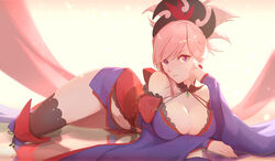  blue_kimono breasts clothing_cutout detached_sleeves earrings fate/grand_order fate_(series) female hair_ornament hand_on_own_face highres japanese_clothes jewelry kimono large_breasts lying miyamoto_musashi_(fate) miyamoto_musashi_(third_ascension)_(fate) navel navel_cutout on_side pink_hair ponytail purple_eyes sleeveless sleeveless_kimono solo tenshin_kagehisa thighhighs wide_sleeves 