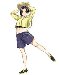  bag black_hair bob_cut breasts brown_eyes carrying_overhead crop_top female full_body kimidake kobayakawa_rinko light_smile long_sleeves looking_at_viewer love_plus midriff navel object_on_head on_head parted_bangs short_hair shorts simple_background skinny small_breasts solo standing white_background 