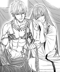  1boy 1other androgynous arabian_clothes collarbone couple earrings enkidu_(fate) fate/grand_order fate_(series) gilgamesh_(fate) greyscale jewelry kimidake looking_at_another monochrome muscular muscular_male necklace parted_lips robe sitting smile toga toned topless_male white_robe 