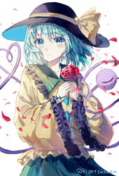  black_hat blouse blue_eyes blush buttons closed_mouth commentary cowboy_shot diamond_button falling_petals female flower frilled_shirt_collar frilled_sleeves frills green_hair green_skirt hair_between_eyes hat hat_ribbon heart heart_of_string highres holding holding_flower komeiji_koishi light_smile long_sleeves looking_at_viewer medium_hair petals red_flower red_rose ribbon rose rose_petals shirt simple_background skirt solo suzushina third_eye touhou twitter_username white_background wide_sleeves yellow_ribbon yellow_shirt 