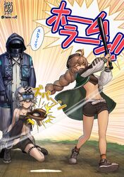  1boy 2girls ^_^ ahoge animal_ears arknights bare_legs bare_shoulders baseball baseball_bat baseball_mitt belt black_shirt black_shorts braid breasts brown_hair cabbie_hat cliffheart_(arknights) closed_eyes commentary crop_top cuora_(arknights) doctor_(arknights) emphasis_lines green_jacket grey_hair hat helmet highres homerun hood hooded_jacket ikeda_(cpt) jacket jewelry midriff multicolored_hair multiple_girls navel necklace on_one_knee open_clothes open_jacket open_mouth raglan_sleeves shirt shoes short_hair short_shorts shorts single_braid single_thighhigh sleeveless small_breasts smile sneakers socks speech_bubble standing stomach streaked_hair thigh_strap thighhighs thighs translated 