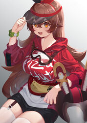  :d alternate_costume amber_(genshin_impact) amber_(pizza_hut)_(genshin_impact) black_shorts breasts brown_hair clothes_writing female garter_straps genshin_impact goggles goggles_around_neck gradient_background grey_background hair_between_eyes hair_ribbon helmet highres hood hood_down hoodie large_breasts long_hair long_sleeves looking_at_viewer motorcycle_helmet open_mouth orange_eyes pai_daxing pizza_hut pouch red_hoodie red_ribbon ribbon see-through short_shorts shorts sitting smile solo thighhighs unworn_headwear unworn_helmet very_long_hair visor_cap watch white_thighhighs wristwatch 