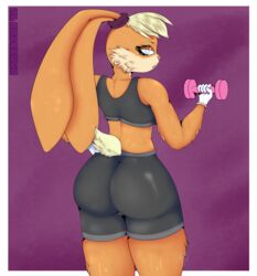  absurd_res accessory annoyed anthro ass athletic_wear bodily_fluids bottomwear buckteeth clothed clothing ears_back exercise eyebrows eyelashes female fingers fur fur_tuft glistening glistening_body gloves hair_accessory hair_tie hand_on_hip handwear hi_res lagomorph leporid lola_bunny looking_at_viewer looking_back looney_tunes mammal mouth_closed multicolored_body multicolored_fur pattern_background pivoted_ears rabbit rear_view scut_tail short_tail shorts simple_background simple_eyes solo sp_advanced spandex spandex_shorts standing sweat sweatdrop sweaty_legs tail tail_tuft teeth tight_bottomwear tight_clothing tight_shorts tuft warner_brothers workout 