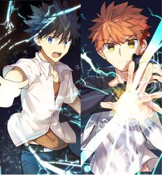  2boys a_certain_high_school_uniform angry belt black_hair black_pants blue_eyes closed_mouth collarbone commentary_request crossover duel emiya_shirou energy fate/stay_night fate_(series) glowing hair_between_eyes highres imagine_breaker kamijou_touma long_sleeves magic male_focus multiple_boys nikame open_mouth orange_hair orange_shirt pants partially_unbuttoned raglan_sleeves school_uniform shirt short_hair short_sleeves signature spiked_hair summer_uniform teeth toaru_majutsu_no_index untucked_shirt upper_body white_shirt 