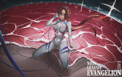  arm_support artist_name asymmetrical_bangs bird blue_eyes bodysuit breasts brown_hair copyright_name covered_navel evangelion:_3.0+1.0_thrice_upon_a_time fat_sanwenyu female fisheye hand_in_own_hair headband highres interface_headset lcl long_hair looking_at_viewer makinami_mari_illustrious medium_breasts neon_genesis_evangelion ocean plugsuit rebuild_of_evangelion red-framed_eyewear sand semi-rimless_eyewear sitting solo twintails under-rim_eyewear wariza white_bodysuit 