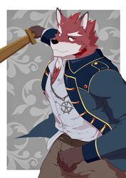  absurd_res anthro body_hair canid canine chest_hair chest_tuft clothing diederich_olsen fur galoud hi_res knights_college male mammal mature_male melee_weapon muscular muscular_anthro red_body red_fur solo sword teacher tuft uniform weapon 