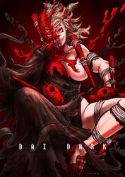  breasts copyright_name dai_dark extra_ears female full_body grey_hair large_breasts long_hair miso-234 parted_lips red_eyes red_theme shimada_death skull smile solo stake 