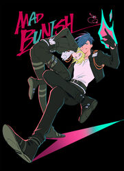  2boys alternate_costume alternate_universe aqua_fire ascot asymmetrical_hair bae_(baebae) black_gloves black_jacket blonde_hair blue_hair fire galo_thymos gloves green_hair highres jacket leaning_forward leather leather_jacket lio_fotia mad_burnish male_focus multiple_boys pink_fire promare purple_eyes pyrokinesis short_hair sidecut undercut 