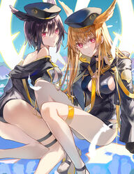  2girls beret black_gloves black_hair black_headwear black_jacket black_one-piece_swimsuit blonde_hair breasts closed_mouth commentary fate/grand_order fate_(series) feathers geirskogul_(fate) gloves glowing hand_on_own_thigh hat head_wings high_heels highres jacket long_hair long_sleeves looking_at_viewer medium_breasts multiple_girls one-piece_swimsuit open_clothes open_jacket ortlinde_(fate) ortlinde_(swimsuit_assassin)_(fate) parted_lips poppoman red_eyes sideboob swimsuit thigh_strap valkyrie_(fate) wings 