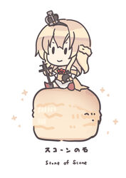  blonde_hair braid brown_dress chibi commentary crown dress female globus_cruciger half_up_braid kantai_collection long_hair long_sleeves mini_crown nakadori_(movgnsk) off-shoulder_dress off_shoulder oversized_object scepter scone sitting solo warspite_(kancolle) white_background 