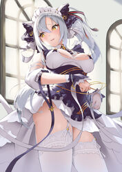  absurdres animal_ears apron ass azur_lane breasts cheshire_(azur_lane) cheshire_(azur_lane)_(cosplay) commission cosplay detached_sleeves drake_(azur_lane) dress fake_animal_ears female frilled_hairband frilled_ribbon frills garter_straps hair_between_eyes hairband highres indoors lace-trimmed_legwear lace_trim large_breasts long_hair long_ribbon maid_headdress manjuu_(azur_lane) nukege_ojisan puffy_detached_sleeves puffy_sleeves purple_apron ribbon skeb_commission solo standing thighhighs very_long_hair white_dress white_garter_straps white_thighhighs window yellow_eyes 