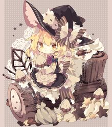  adapted_costume apron back_bow black_footwear black_hat black_skirt black_vest blonde_hair blue_bow bow bowtie braid broom brown_bow chibi chocolate commentary_request dessert female food food_on_face frills full_body grey_background hairbow hat hat_bow highres holding kinoko_no_yama kirisame_marisa long_hair long_sleeves nikorashi-ka polka_dot polka_dot_background red_bow red_bowtie shirt shoes single_braid sitting skirt socks solo star_(symbol) striped striped_bow sweets touhou turtleneck vest waist_apron whipped_cream white_shirt white_socks witch_hat yellow_eyes yule_log_(cake) 