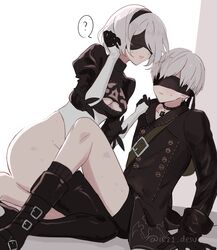  1boy 2b_(nier:automata) 9s_(nier:automata) ? black_blindfold black_coat black_gloves blindfold blush cleavage_cutout clothing_cutout coat couple dinikee female full_body gloves highres leotard nier:automata nier_(series) short_hair shorts simple_background speech_bubble straight sweat thighs white_background white_hair 